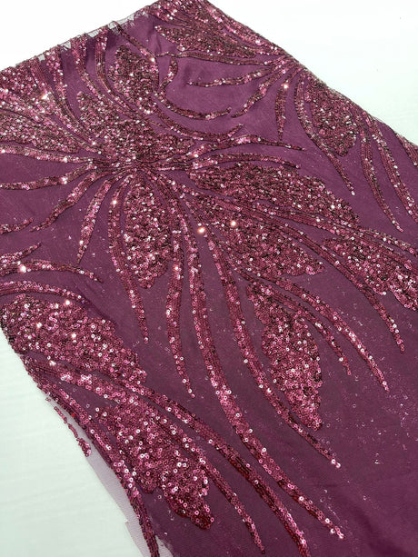 Feather Damask Shiny Sequin Design 4-Way Stretch Mesh Fabric - Damask Pattern, 54" Width (1 Yard)