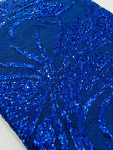 Feather Damask Shiny Sequin Design 4-Way Stretch Mesh Fabric - Damask Pattern, 54" Width (1 Yard)