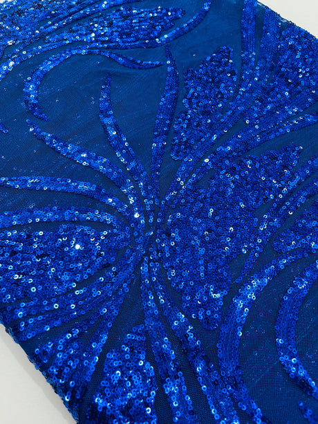 Feather Damask Shiny Sequin Design 4-Way Stretch Mesh Fabric - Damask Pattern, 54" Width (1 Yard)