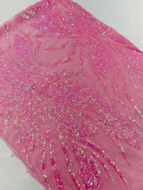 Feather Damask Shiny Sequin Design 4-Way Stretch Mesh Fabric - Damask Pattern, 54" Width (1 Yard)