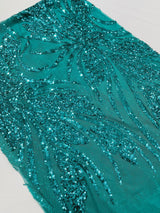 Feather Damask Shiny Sequin Design 4-Way Stretch Mesh Fabric - Damask Pattern, 54" Width (1 Yard)