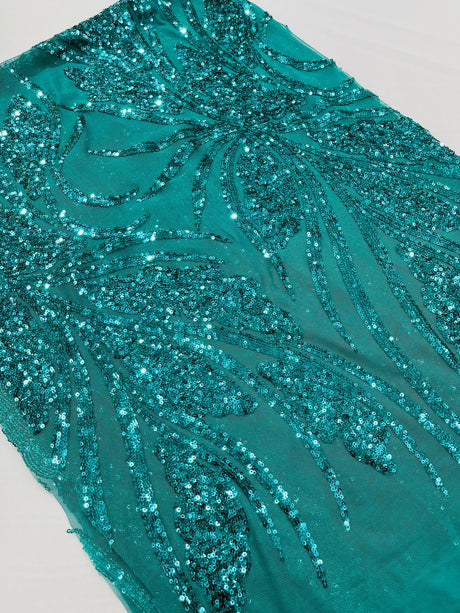 Feather Damask Shiny Sequin Design 4-Way Stretch Mesh Fabric - Damask Pattern, 54" Width (1 Yard)