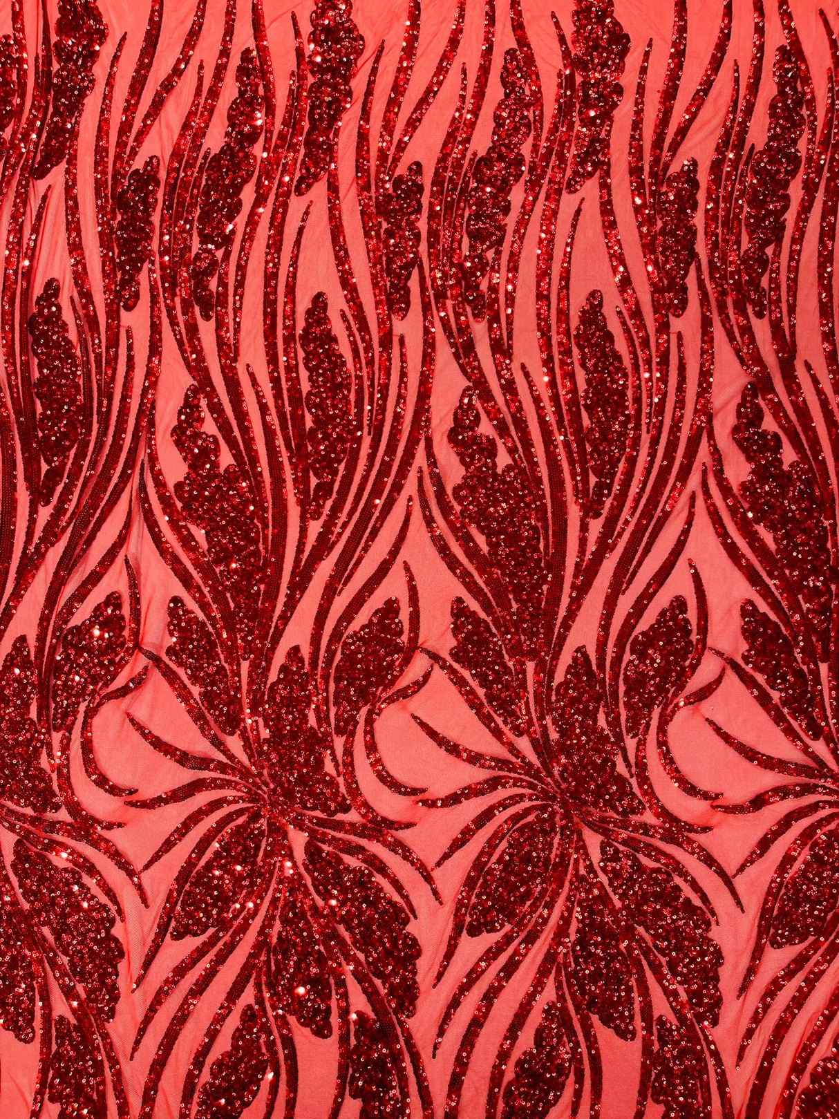 Feather Damask Shiny Sequin Design 4-Way Stretch Mesh Fabric - Damask Pattern, 54" Width (1 Yard)