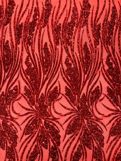 Feather Damask Shiny Sequin Design 4-Way Stretch Mesh Fabric - Damask Pattern, 54" Width (1 Yard)