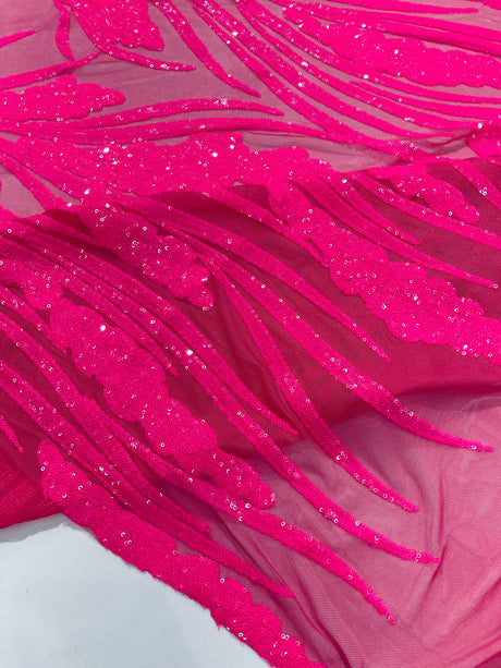 Feather Damask Shiny Sequin Design 4-Way Stretch Mesh Fabric - Damask Pattern, 54" Width (1 Yard)