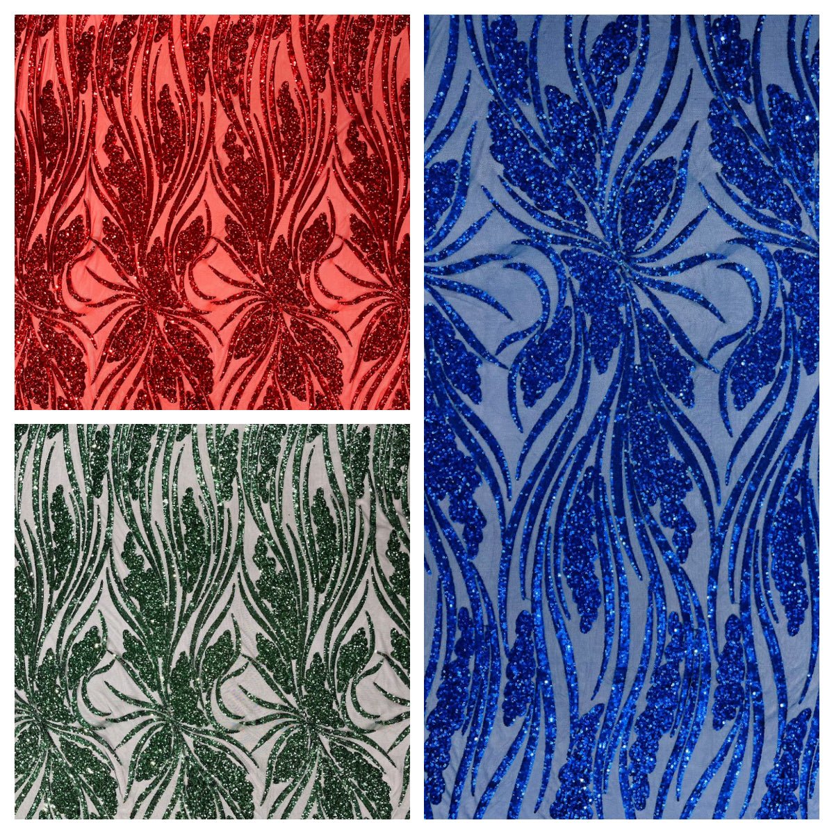 Feather Damask Shiny Sequin Design 4-Way Stretch Mesh Fabric - Damask Pattern, 54" Width (1 Yard)