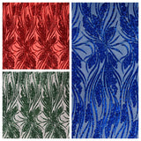 Feather Damask Shiny Sequin Design 4-Way Stretch Mesh Fabric - Damask Pattern, 54" Width (1 Yard)