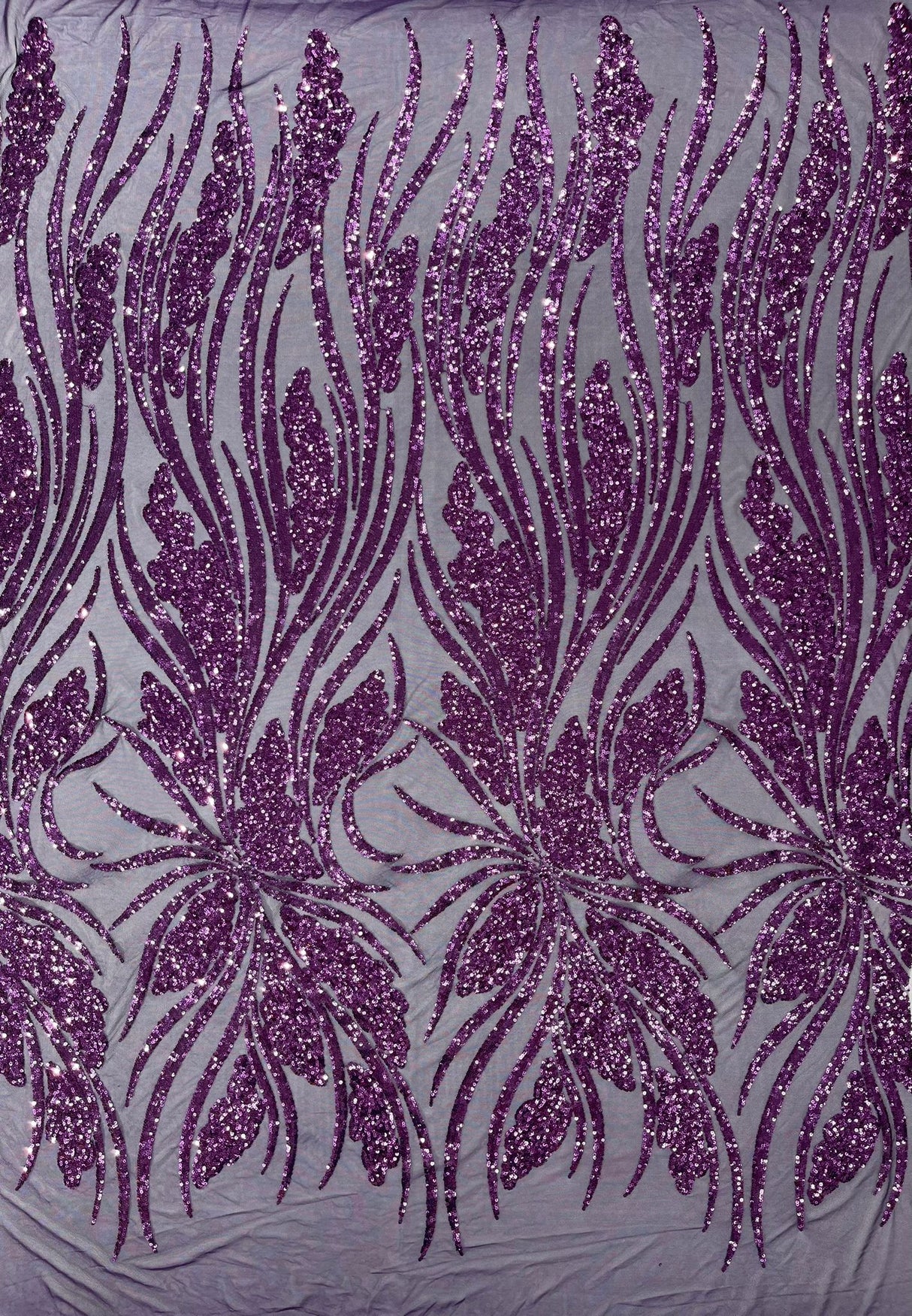 Feather Damask Shiny Sequin Design 4-Way Stretch Mesh Fabric - Damask Pattern, 54" Width (1 Yard)