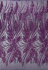 Feather Damask Shiny Sequin Design 4-Way Stretch Mesh Fabric - Damask Pattern, 54" Width (1 Yard)