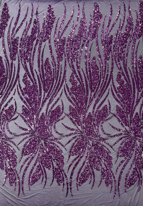 Feather Damask Shiny Sequin Design 4-Way Stretch Mesh Fabric - Damask Pattern, 54" Width (1 Yard)