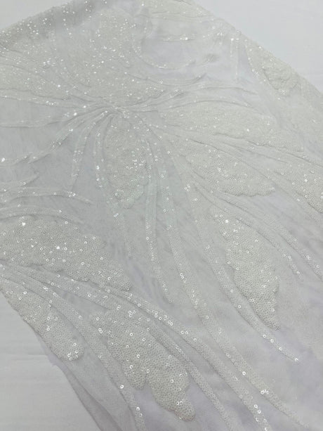 Feather Damask Shiny Sequin Design 4-Way Stretch Mesh Fabric - Damask Pattern, 54" Width (1 Yard)