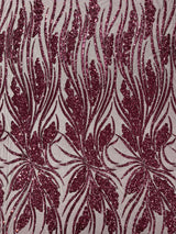 Feather Damask Shiny Sequin Design 4-Way Stretch Mesh Fabric - Damask Pattern, 54" Width (1 Yard)