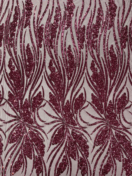 Feather Damask Shiny Sequin Design 4-Way Stretch Mesh Fabric - Damask Pattern, 54" Width (1 Yard)
