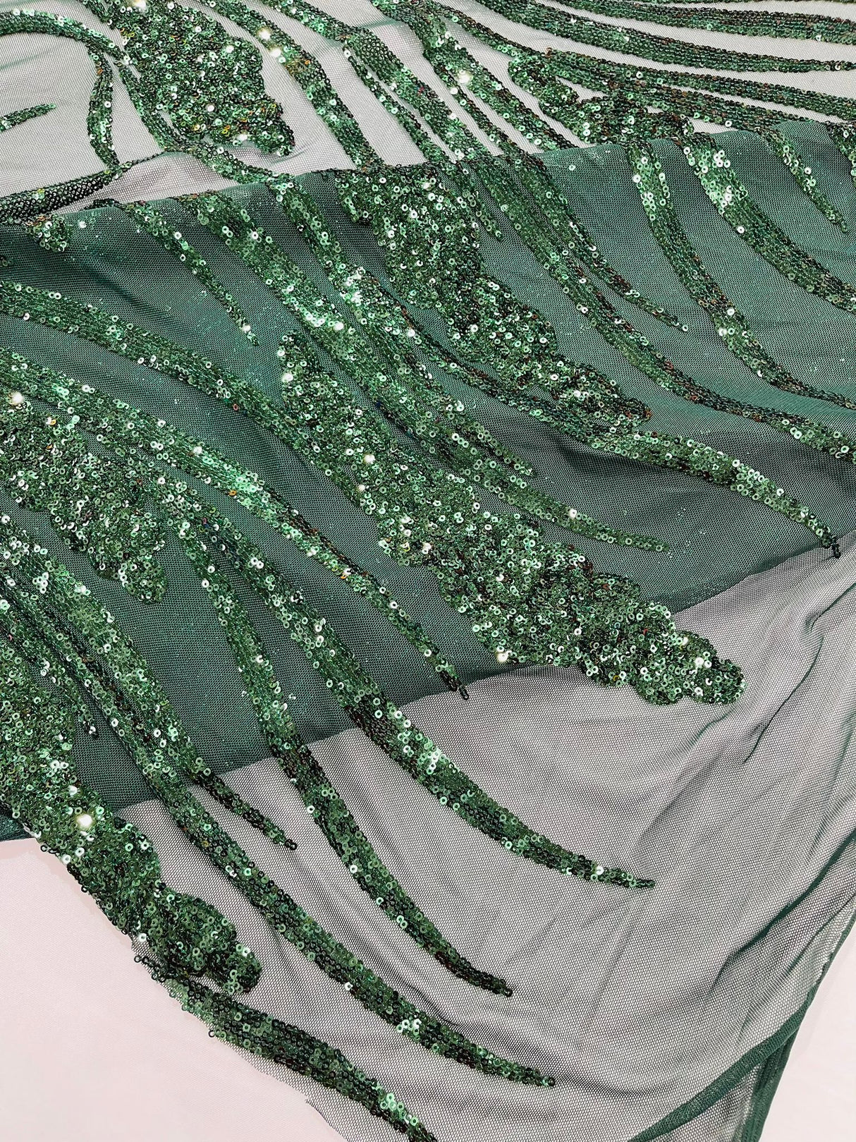 Feather Damask Shiny Sequin Design 4-Way Stretch Mesh Fabric - Damask Pattern, 54" Width (1 Yard)