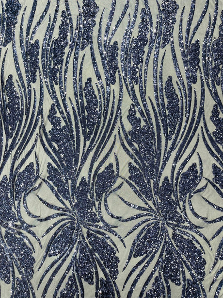 Feather Damask Shiny Sequin Design 4-Way Stretch Mesh Fabric - Damask Pattern, 54" Width (1 Yard)