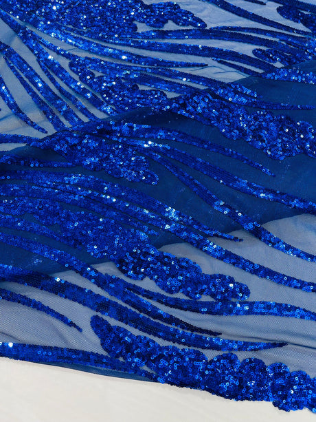 Feather Damask Shiny Sequin Design 4-Way Stretch Mesh Fabric - Damask Pattern, 54" Width (1 Yard)