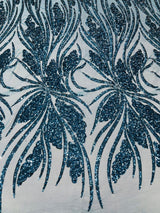 Feather Damask Shiny Sequin Design 4-Way Stretch Mesh Fabric - Damask Pattern, 54" Width (1 Yard)