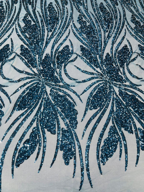 Feather Damask Shiny Sequin Design 4-Way Stretch Mesh Fabric - Damask Pattern, 54" Width (1 Yard)
