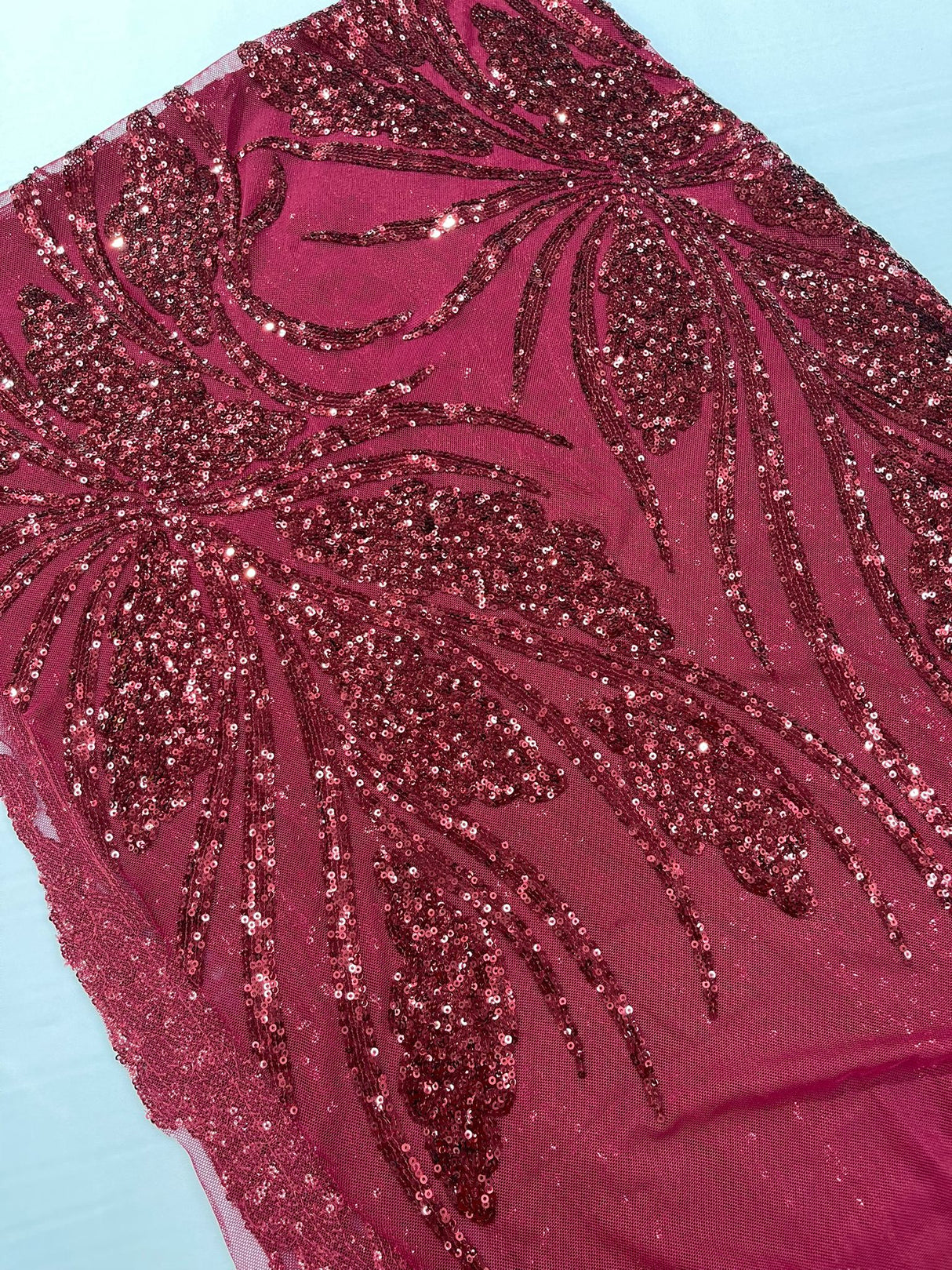 Feather Damask Shiny Sequin Design 4-Way Stretch Mesh Fabric - Damask Pattern, 54" Width (1 Yard)