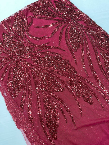 Feather Damask Shiny Sequin Design 4-Way Stretch Mesh Fabric - Damask Pattern, 54" Width (1 Yard)