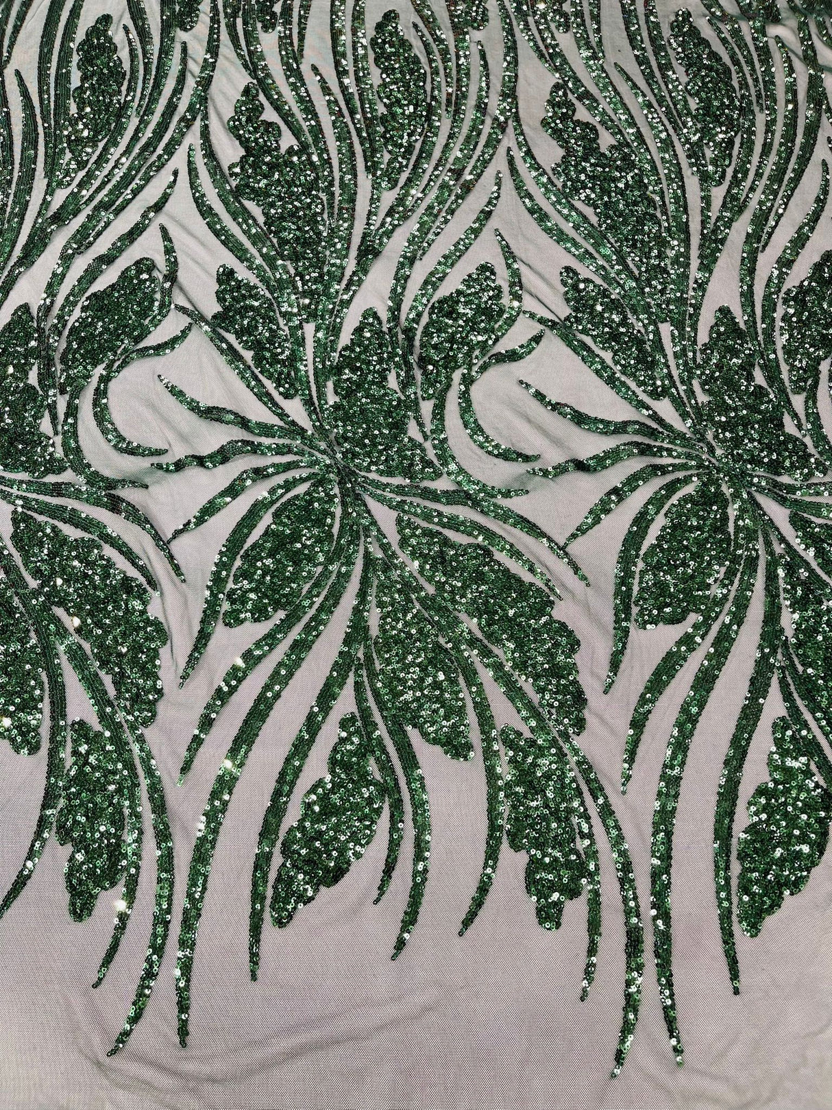 Feather Damask Shiny Sequin Design 4-Way Stretch Mesh Fabric - Damask Pattern, 54" Width (1 Yard)
