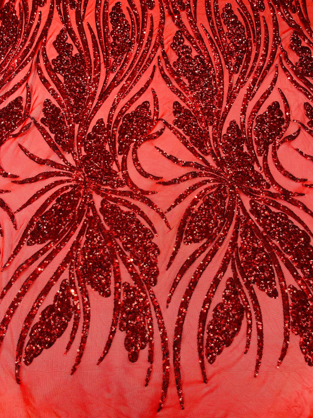 Feather Damask Shiny Sequin Design 4-Way Stretch Mesh Fabric - Damask Pattern, 54" Width (1 Yard)