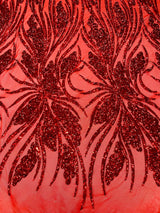 Feather Damask Shiny Sequin Design 4-Way Stretch Mesh Fabric - Damask Pattern, 54" Width (1 Yard)