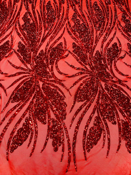 Feather Damask Shiny Sequin Design 4-Way Stretch Mesh Fabric - Damask Pattern, 54" Width (1 Yard)