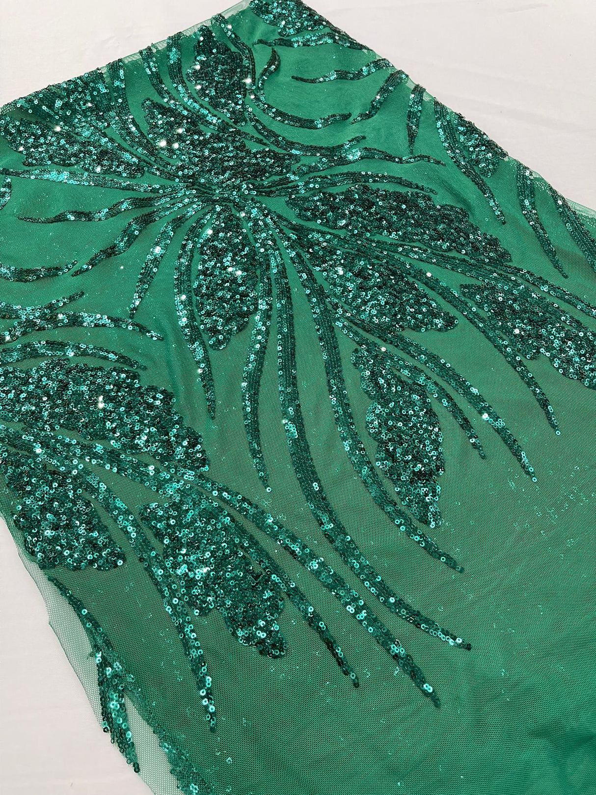 Feather Damask Shiny Sequin Design 4-Way Stretch Mesh Fabric - Damask Pattern, 54" Width (1 Yard)
