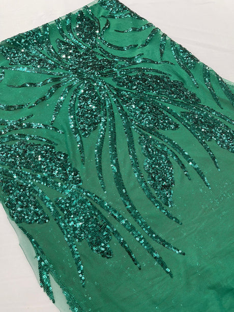 Feather Damask Shiny Sequin Design 4-Way Stretch Mesh Fabric - Damask Pattern, 54" Width (1 Yard)