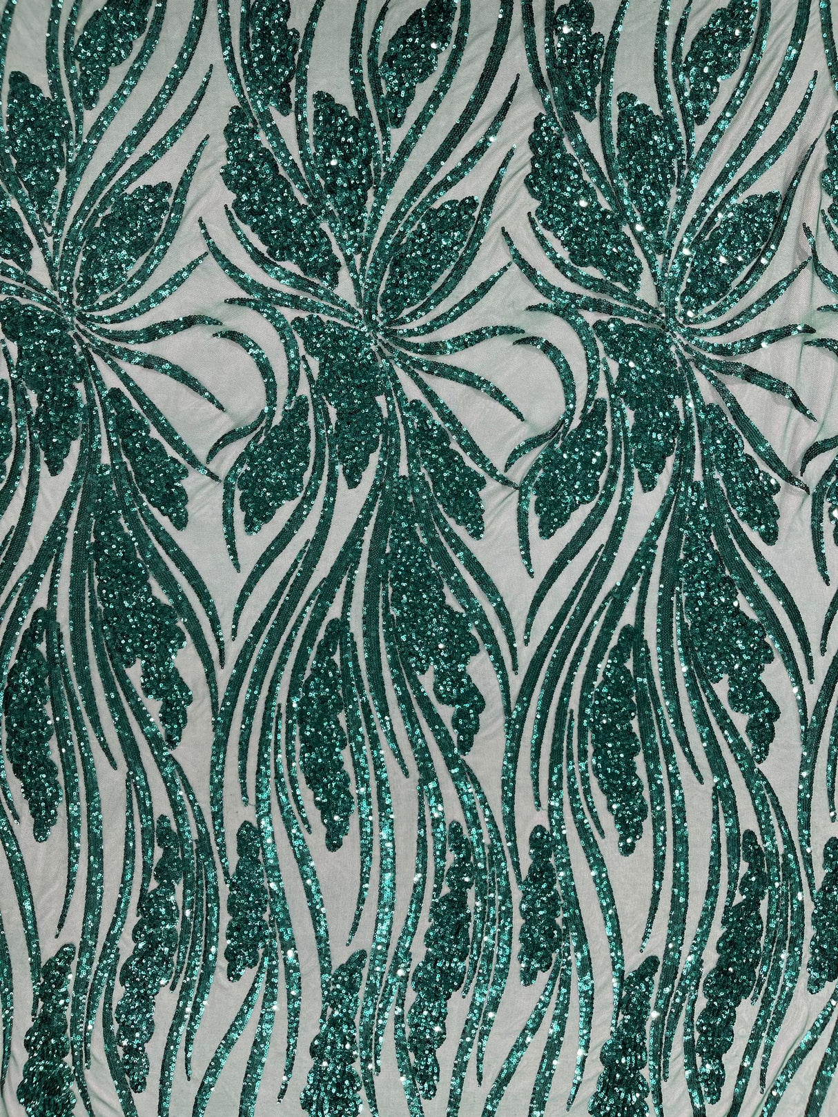 Feather Damask Shiny Sequin Design 4-Way Stretch Mesh Fabric - Damask Pattern, 54" Width (1 Yard)