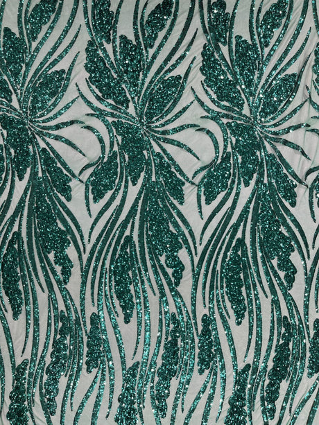 Feather Damask Shiny Sequin Design 4-Way Stretch Mesh Fabric - Damask Pattern, 54" Width (1 Yard)