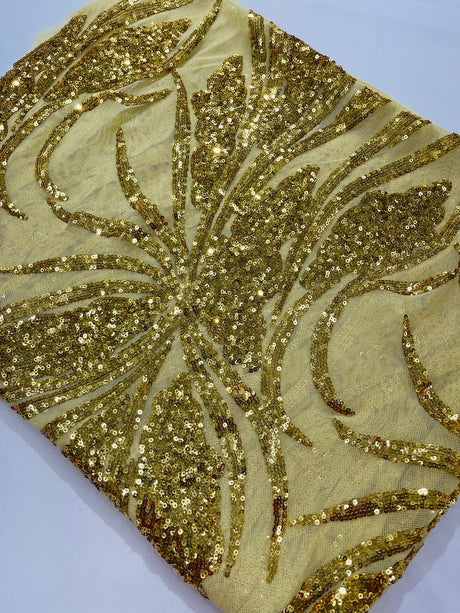Feather Damask Shiny Sequin Design 4-Way Stretch Mesh Fabric - Damask Pattern, 54" Width (1 Yard)