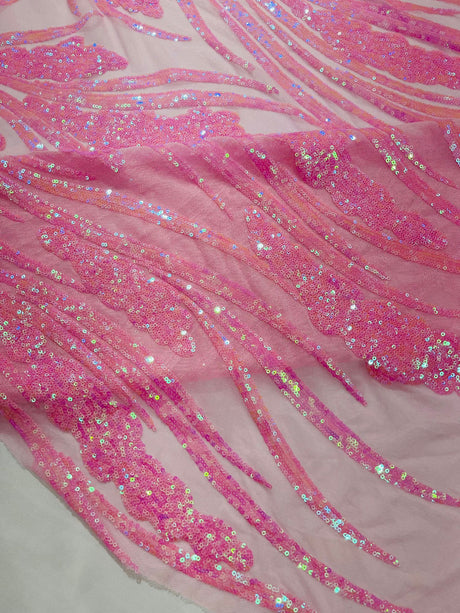 Feather Damask Shiny Sequin Design 4-Way Stretch Mesh Fabric - Damask Pattern, 54" Width (1 Yard)