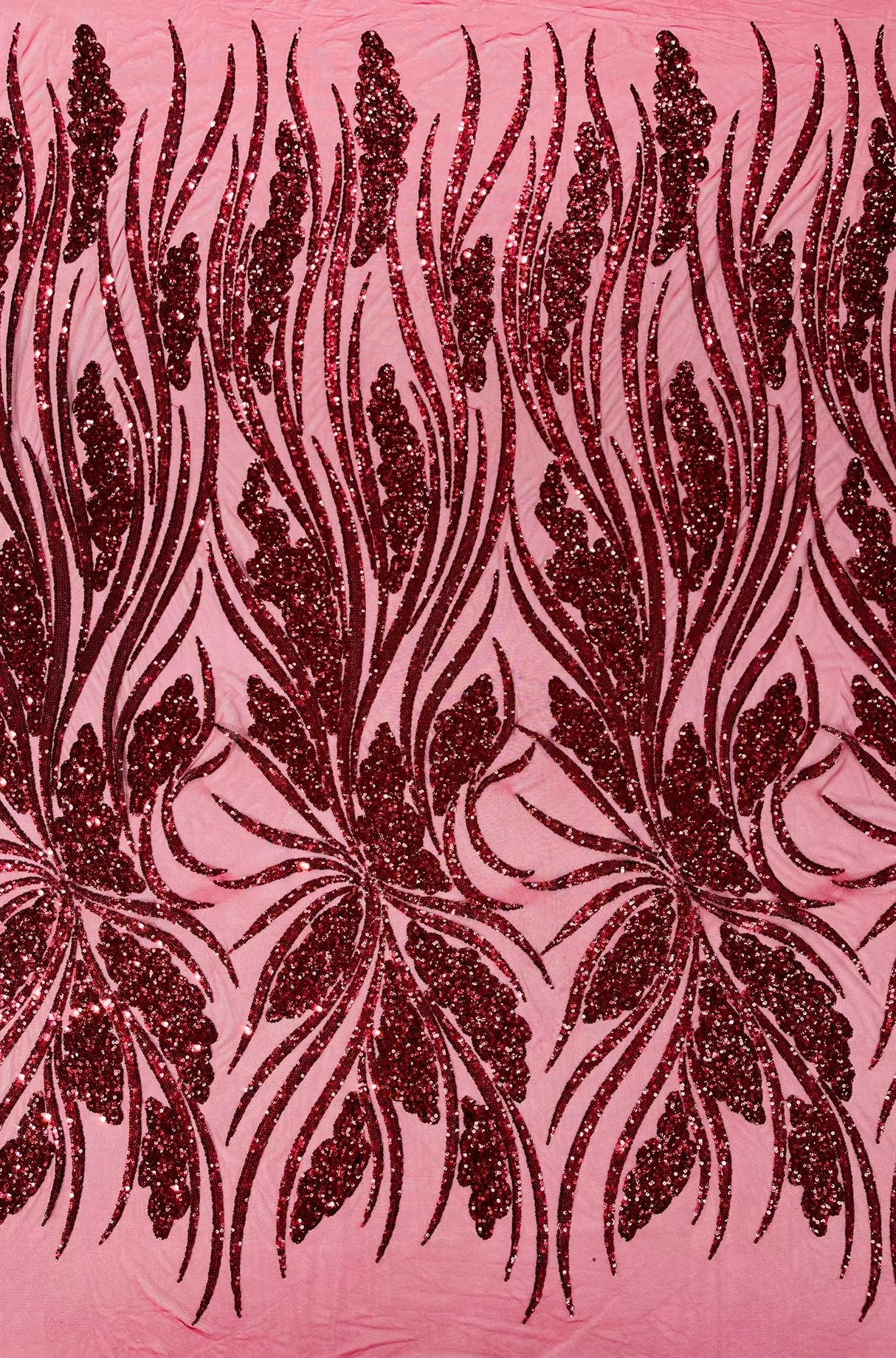 Feather Damask Shiny Sequin Design 4-Way Stretch Mesh Fabric - Damask Pattern, 54" Width (1 Yard)