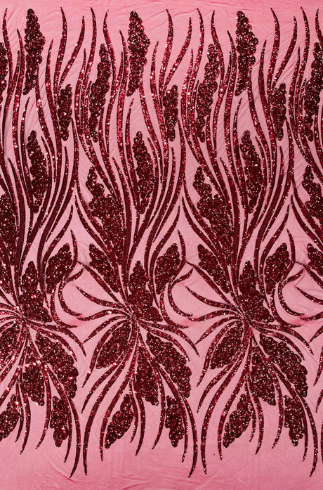 Feather Damask Shiny Sequin Design 4-Way Stretch Mesh Fabric - Damask Pattern, 54" Width (1 Yard)