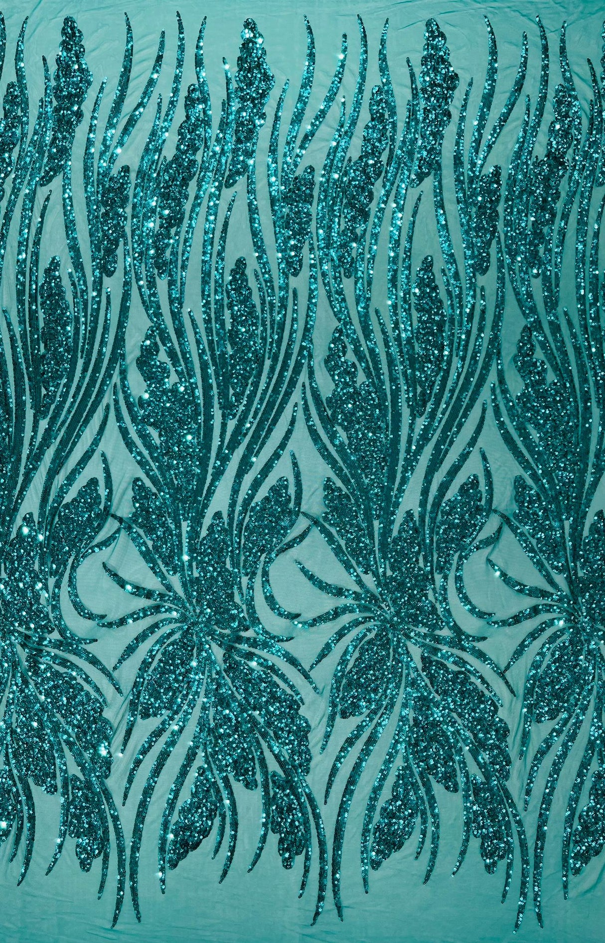 Feather Damask Shiny Sequin Design 4-Way Stretch Mesh Fabric - Damask Pattern, 54" Width (1 Yard)