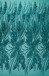 Feather Damask Shiny Sequin Design 4-Way Stretch Mesh Fabric - Damask Pattern, 54" Width (1 Yard)