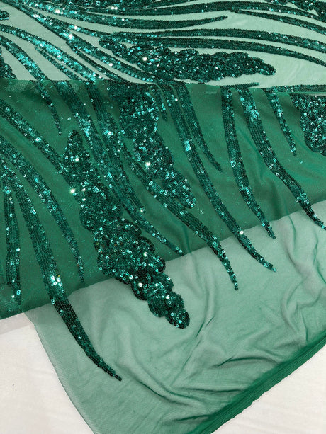 Feather Damask Shiny Sequin Design 4-Way Stretch Mesh Fabric - Damask Pattern, 54" Width (1 Yard)