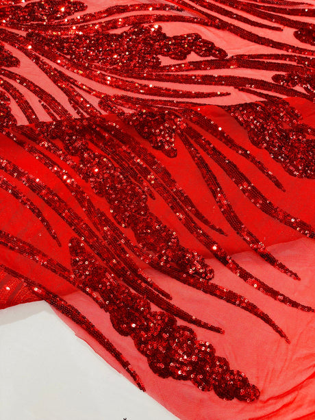 Feather Damask Shiny Sequin Design 4-Way Stretch Mesh Fabric - Damask Pattern, 54" Width (1 Yard)