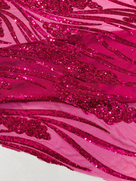 Feather Damask Shiny Sequin Design 4-Way Stretch Mesh Fabric - Damask Pattern, 54" Width (1 Yard)