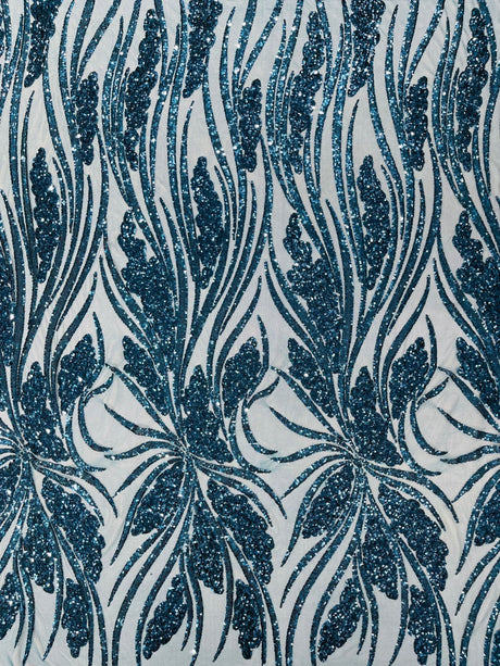 Feather Damask Shiny Sequin Design 4-Way Stretch Mesh Fabric - Damask Pattern, 54" Width (1 Yard)