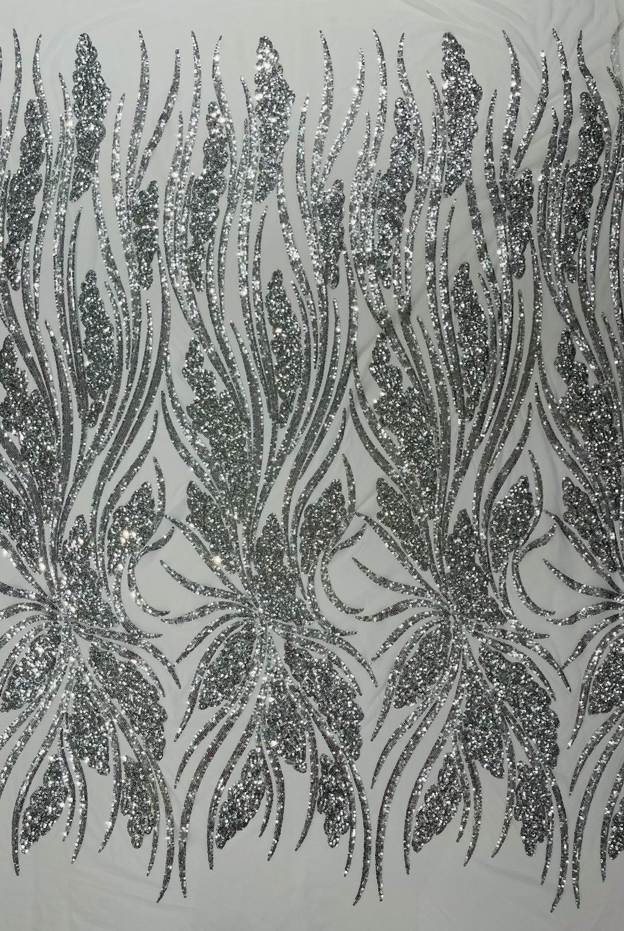 Feather Damask Shiny Sequin Design 4-Way Stretch Mesh Fabric - Damask Pattern, 54" Width (1 Yard)