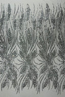 Feather Damask Shiny Sequin Design 4-Way Stretch Mesh Fabric - Damask Pattern, 54" Width (1 Yard)