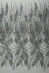 Feather Damask Shiny Sequin Design 4-Way Stretch Mesh Fabric - Damask Pattern, 54" Width (1 Yard)