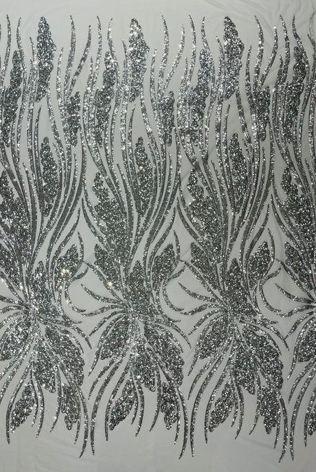 Feather Damask Shiny Sequin Design 4-Way Stretch Mesh Fabric - Damask Pattern, 54" Width (1 Yard)
