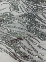 Feather Damask Shiny Sequin Design 4-Way Stretch Mesh Fabric - Damask Pattern, 54" Width (1 Yard)