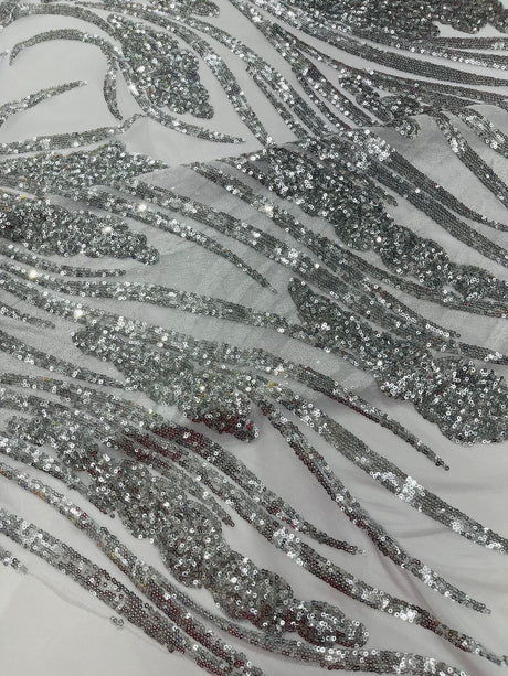 Feather Damask Shiny Sequin Design 4-Way Stretch Mesh Fabric - Damask Pattern, 54" Width (1 Yard)