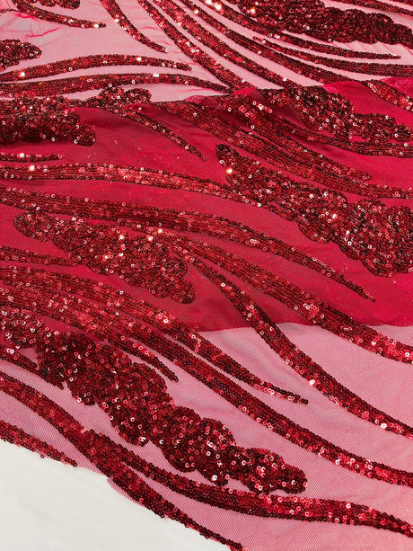 Feather Damask Shiny Sequin Design 4-Way Stretch Mesh Fabric - Damask Pattern, 54" Width (1 Yard)