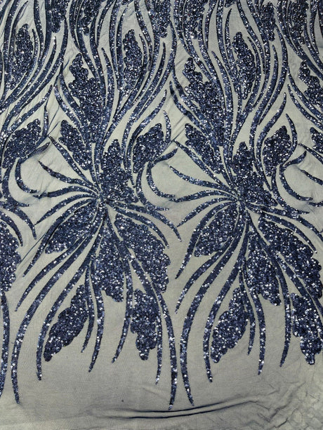 Feather Damask Shiny Sequin Design 4-Way Stretch Mesh Fabric - Damask Pattern, 54" Width (1 Yard)